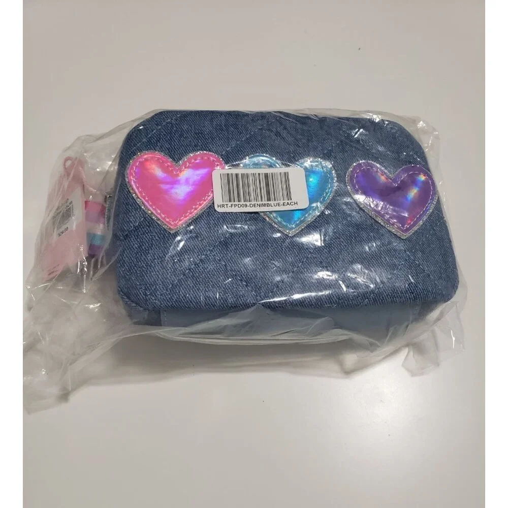 OMG Accessories Metallic Heart-Patched Quilted Denim‎ Fanny Pack - One Size